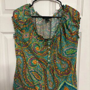 Lauren Ralph Lauren LRL Shirt M green Paisley Blouse Tank Top Ruffle Womens